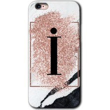 iPhone 6 Kılıf Hd Desen Baskılı Arka Kapak + Esnek Nano Cam - Pembe Mermer Desenli I Harfi