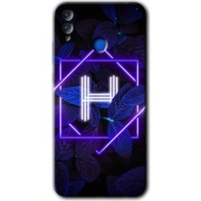 Honor 8x Kılıf Hd Desen Baskılı Arka Kapak + Kırılmaz Cam - Dark Neon Yaprak H Harfi