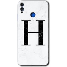 Honor 8x Kılıf Hd Desen Baskılı Arka Kapak + Kırılmaz Cam - Beyaz Mermer Desenli H Harfi