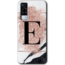 Vivo Y31 2021 Kılıf Hd Desen Baskılı Arka Kapak + Kırılmaz Cam - Pembe Mermer Desenli E Harfi