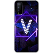 Gramaphone Vivo Y20 Kılıf Hd Desen Baskılı Arka Kapak + Kırılmaz Cam - Dark Neon Yaprak V Harfi