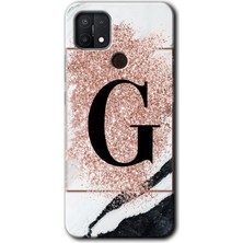 Gramaphone Oppo A15S Kılıf Hd Desen Baskılı Arka Kapak + Kırılmaz Cam - Pembe Mermer Desenli G Harfi