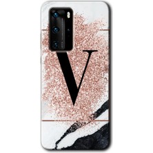 Huawei P40 Pro Kılıf Hd Desen Baskılı Arka Kapak - Pembe Mermer Desenli V Harfi