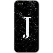 iPhone 5s Kılıf Hd Desen Baskılı Arka Kapak + Kırılmaz Cam - Siyah Mermer Desenli J Harfi