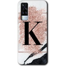 Vivo Y51 Kılıf Hd Desen Baskılı Arka Kapak + Kırılmaz Cam - Pembe Mermer Desenli K Harfi