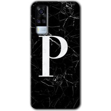 Gramaphone Vivo Y51 Kılıf Hd Desen Baskılı Arka Kapak + Kırılmaz Cam - Siyah Mermer Desenli P Harfi