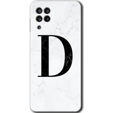 Galaxy M22 Kılıf Hd Desen Baskılı Arka Kapak + Kırılmaz Cam - Beyaz Mermer Desenli D Harfi