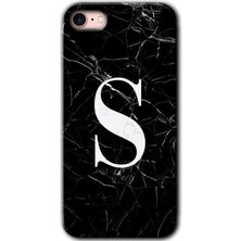 iPhone 8 Kılıf Hd Desen Baskılı Arka Kapak + Kırılmaz Cam - Siyah Mermer Desenli S Harfi