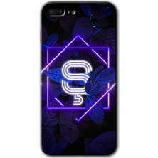 iPhone 7 Plus Kılıf Hd Desen Baskılı Arka Kapak + Kırılmaz Cam - Dark Neon Yaprak Ş Harfi