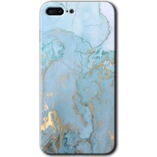 iPhone 7 Plus Kılıf Hd Desen Baskılı Arka Kapak + Kırılmaz Cam - Mavi Gold Mermer