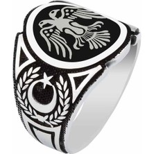 Takılingo Mt-02 925 Ayar Gümüş Siyah Zemin Üzeri Çift Başlı Kartal Model Ayyıldız Işlemeli Erkek Yüzük