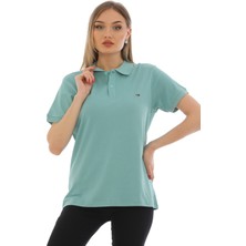 WAPP Kadın Mint Yeşili Pamuklu Likralı Polo Yaka Kısa Kollu Nakışlı Tişört