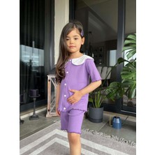 Miniko Kids Kız Çocuk Kaşkorse Fittili Önden Düğmeli Yaka Dantel Kapri Taytlı Takım