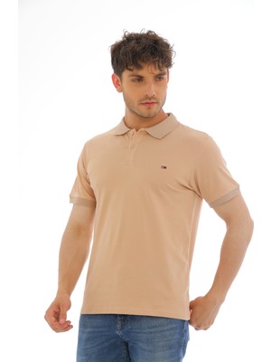 WAPP Erkek Bej Pamuklu Likralı Kısa Kollu Ön Düğmeli Nakışlı Polo Yaka T-Shirt