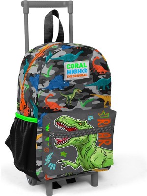 Coral High Minik Yuva Çekçekli Sırt Çantası Siyah Gri Dinozor Desenli Iki Bölmeli 24044