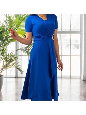 Rengamoda Kadın Kısa Kollu Kruvaze Yaka Kuşak ve Toka Detay Krep Elbise (Renkli)