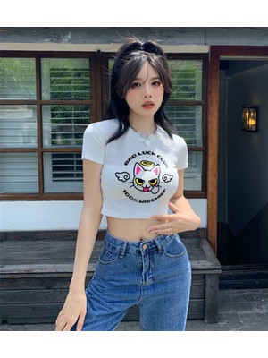 Touz Moda Bad Luck Club Baskılı Beyaz Crop