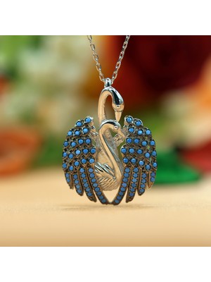 Turkuaz Taşlı Aşık Kuğu Gümüş Kolye