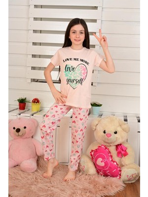 Kısa Kollu Kız Çocuk Pijama Takımı Love Me More Somon