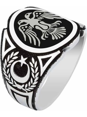Takılingo Mt-02 925 Ayar Gümüş Siyah Zemin Üzeri Çift Başlı Kartal Model Ayyıldız Işlemeli Erkek Yüzük
