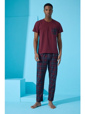 Pijama Evi Bordo Many Square Ekose Desenli Kısa Kollu Erkek Pijama Takımı