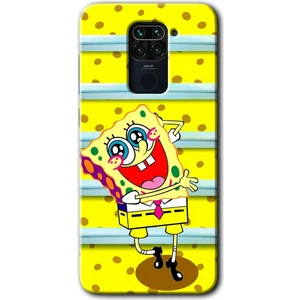 Redmi Note 9 Kılıf Hd Desen Baskılı Arka Kapak + Esnek Nano Cam - Aşık Sünger Bob