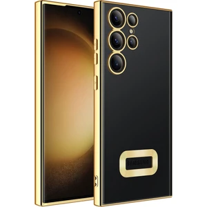 Caseart Samsung Galaxy S23 Ultra Kapak Yanları Renkli Lens Korumalı Logo Gösteren Şeffaf Luxury Silikon Kılıf - Gold