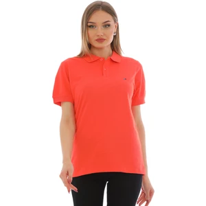 Kadın Nar Çiçeği Pamuklu Likralı Polo Yaka Kısa Kollu Nakışlı Tişört