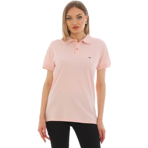 Kadın Açık Pembe Pamuklu Likralı Polo Yaka Kısa Kollu Nakışlı Tişört