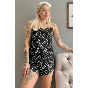 Pijama Evi Siyah Zeytin Dalı Pegasus Dantel Detaylı Ip Askı Şortlu Örme Pijama Takımı