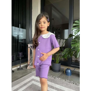 Miniko Kids Kız Çocuk Kaşkorse Fittili Önden Düğmeli Yaka Dantel Kapri Taytlı Takım