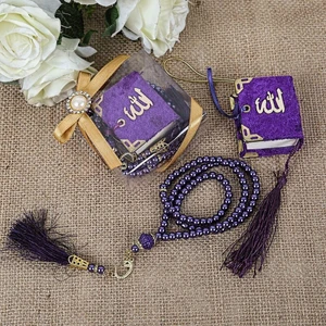 Hediyelik Mini Kuran, Inci Tesbihli Kare Kutulu Set-Mor