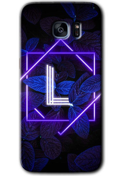 Galaxy S7 Edge Kılıf Hd Desen Baskılı Arka Kapak + Kırılmaz Cam - Dark Neon Yaprak L Harfi