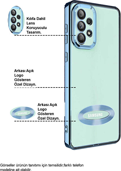 Caseart Samsung Galaxy S23 Ultra Kapak Yanları Renkli Lens Korumalı Logo Gösteren Şeffaf Luxury Silikon Kılıf - Mavi