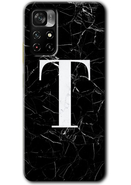 Redmi Note 11T Kılıf Hd Desen Baskılı Arka Kapak + Esnek Nano Cam - Siyah Mermer Desenli T Harfi