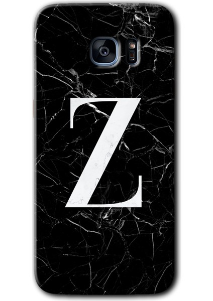 Galaxy S7 Edge Kılıf Hd Desen Baskılı Arka Kapak + Kırılmaz Cam - Siyah Mermer Desenli Z Harfi
