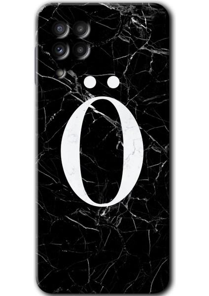 Galaxy M22 Kılıf Hd Desen Baskılı Arka Kapak + Kırılmaz Cam - Siyah Mermer Desenli Ö Harfi