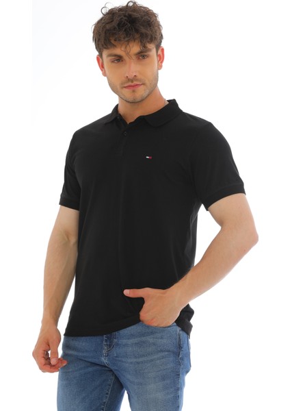 Erkek Siyah Pamuklu Likralı Kısa Kollu Ön Düğmeli Nakışlı Polo Yaka T-Shirt