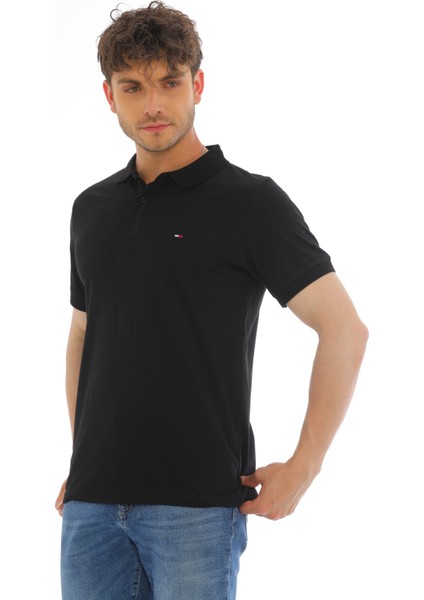 Erkek Siyah Pamuklu Likralı Kısa Kollu Ön Düğmeli Nakışlı Polo Yaka T-Shirt