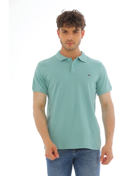 Erkek Mint Yeşili Pamuklu Likralı Kısa Kollu Ön Düğmeli Nakışlı Polo Yaka T-Shirt