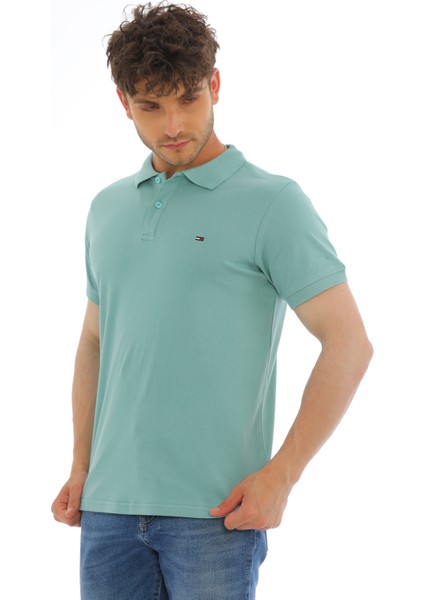 Erkek Mint Yeşili Pamuklu Likralı Kısa Kollu Ön Düğmeli Nakışlı Polo Yaka T-Shirt