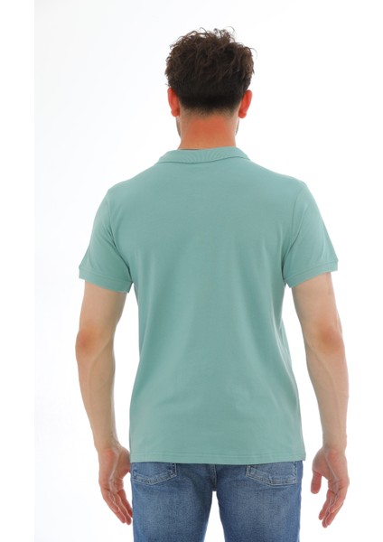 Erkek Mint Yeşili Pamuklu Likralı Kısa Kollu Ön Düğmeli Nakışlı Polo Yaka T-Shirt