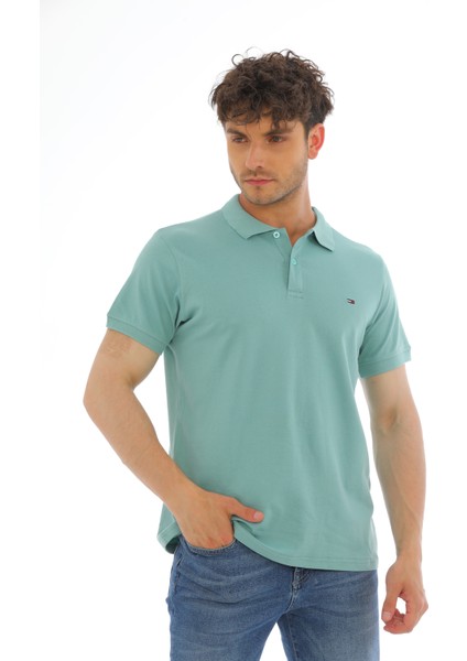 Erkek Mint Yeşili Pamuklu Likralı Kısa Kollu Ön Düğmeli Nakışlı Polo Yaka T-Shirt