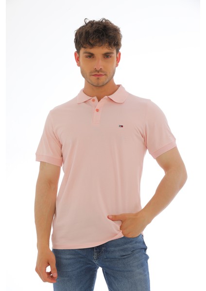 Erkek Açık Pembe Pamuklu Likralı Kısa Kollu Ön Düğmeli Nakışlı Polo Yaka T-Shirt