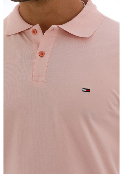 Erkek Açık Pembe Pamuklu Likralı Kısa Kollu Ön Düğmeli Nakışlı Polo Yaka T-Shirt