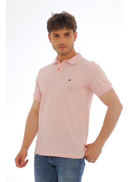 Erkek Açık Pembe Pamuklu Likralı Kısa Kollu Ön Düğmeli Nakışlı Polo Yaka T-Shirt