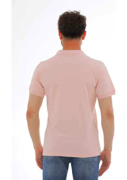 Erkek Açık Pembe Pamuklu Likralı Kısa Kollu Ön Düğmeli Nakışlı Polo Yaka T-Shirt