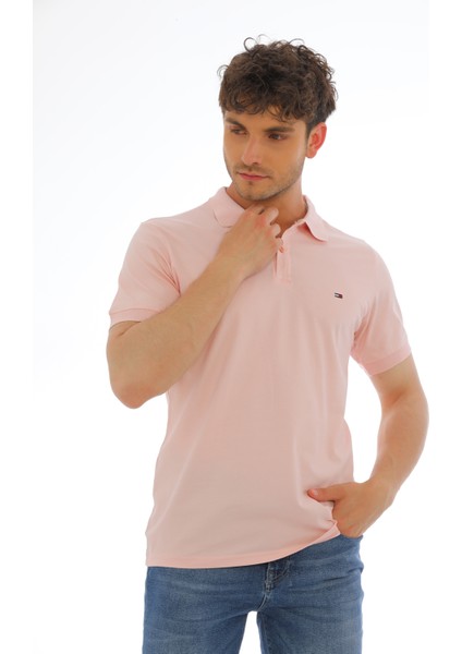 Erkek Açık Pembe Pamuklu Likralı Kısa Kollu Ön Düğmeli Nakışlı Polo Yaka T-Shirt