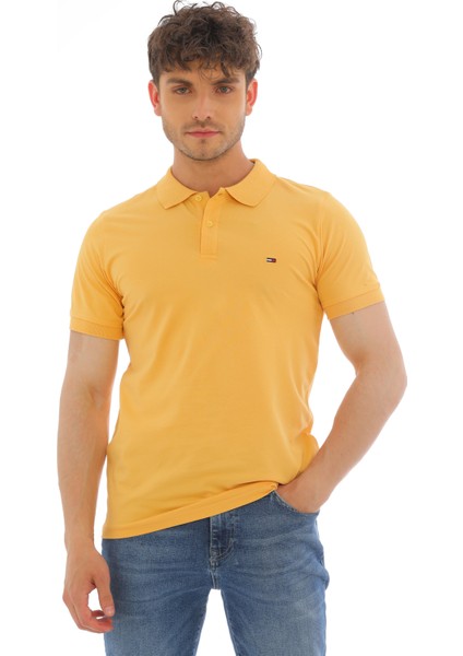 Erkek Hardal Pamuklu Likralı Kısa Kollu Ön Düğmeli Nakışlı Polo Yaka T-Shirt