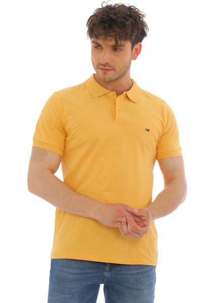 Erkek Hardal Pamuklu Likralı Kısa Kollu Ön Düğmeli Nakışlı Polo Yaka T-Shirt